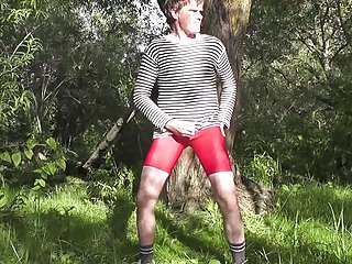masturbating in red  lycra shorts