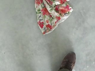 cleaning floor with floral 3 dress
