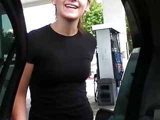 girl bursting to pee at gas station