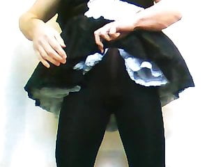Tranny French Maid in black opaque tights pantyhose