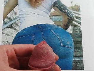 Cumtribute on blonde round ass in jeans