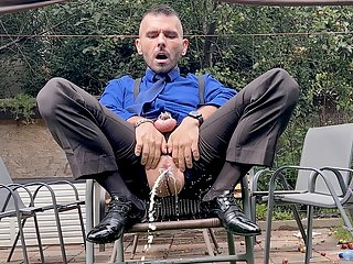Suited Man With Locked Dick Is Playing With His Man Cunt And Pissing In Public In Sheer Socks 