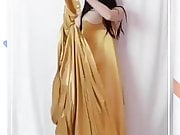 Masturbating and Peeing with Gold Satin Long Nightgown
