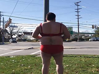 Ryan Geraghty Standing In The Busy Intersection In Just His Bra And Panties