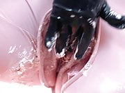 Pussy cake splosh food fetish, wet and messy, pvc catsuit