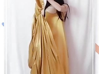 Masturbating And Peeing With Gold Satin Long Nightgown