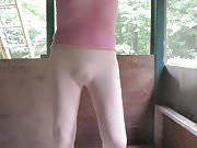 Pink spandex, pink visible panties.