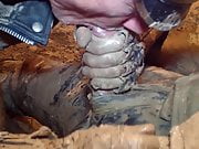 leathergays playing in mud, muddy leather bulge
