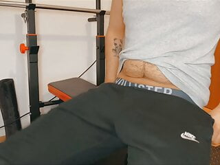 Huge Dick Solo Cumshot while barbell workout