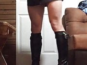 High heel leather boots and mini dress