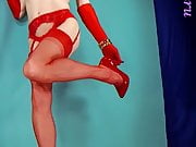 Redhead in red lingere, high heels & vintage stockings