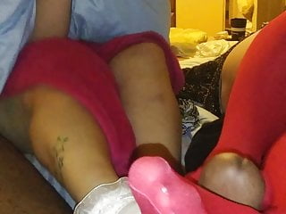 double red stockings and frilly sock footjob with cumshot!!