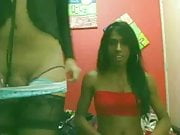 South American tgirl lesbians suck and jerk off on web cam
