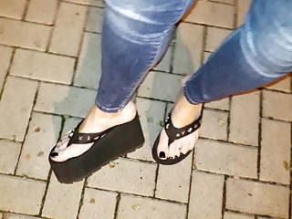 A Night Stroll Without Panties In Jeans And Sexy Flip-Flops