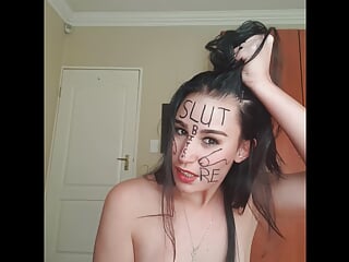 Dirty talking slut degrading herself, body writing