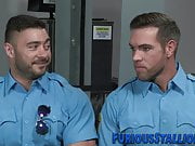 Bulky bear security guards in threeway