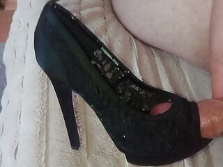Fuck And Cum Into Lace Satin High Heels