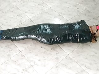 Tape Mummified Girl Pantyhose Hooded And Ball Gagged