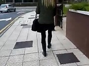 Nice girl wearing black opaque Tights and Wellingtons