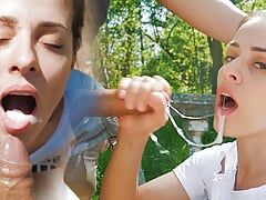 Amateur Messy Blowjob Outdoor and Swallow CUM with Stranger