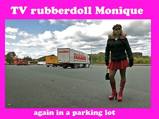 Rubberdoll Monique - crossdresser with female mask in public