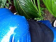 blue latex catsuit in my garden 