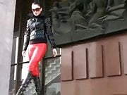 Nastya in red leather leggings & black knee high booots