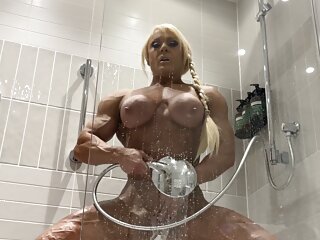 Muscular Woman, Shower Head Masturbation, Showering, Big Boobs