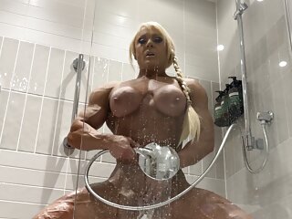 Masturbating, Shower Masturbation, Orgasm, Muscular Woman