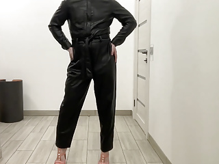 Tranny leather jumpsuit romper heels bdsm...