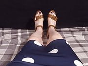 Tranny in blue dress and cute sandals upskirt cock fondling
