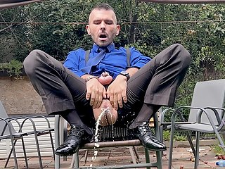 Suited Man With Locked Dick Is Playing With His Man Cunt And Pissing In Public In Sheer Socks