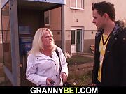 Blonde old granny is riding young dick