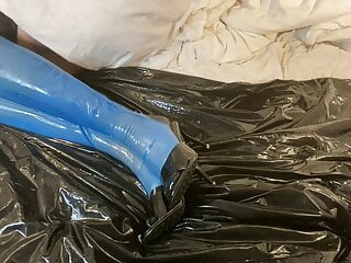 Blue Latex Stockings and High Heel Mules