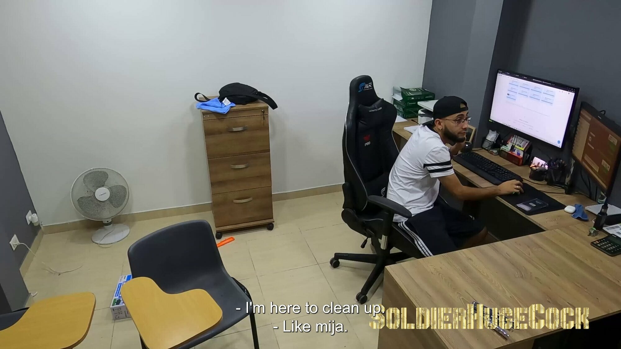 I have a friend helping me clean my office... But she wants to charge me with sex and starts seducing me!