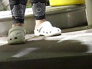 My girlfriend pumping gas in her white crocs