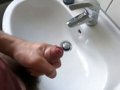 Wanking hairy cock in bathroom and cumming