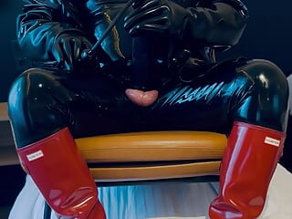 Shiny Red Hunter Brand Rubber Boots and Big Cock