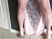 Crossdresser cums wearing pink lace gown and FF stockings
